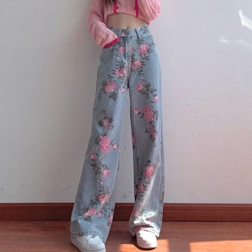Floral Baggy Jeans Black Jeans Baggy Jeans Women Wide Leg Etsy
