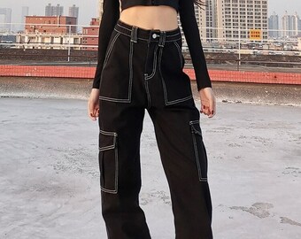 black pants with white stitching