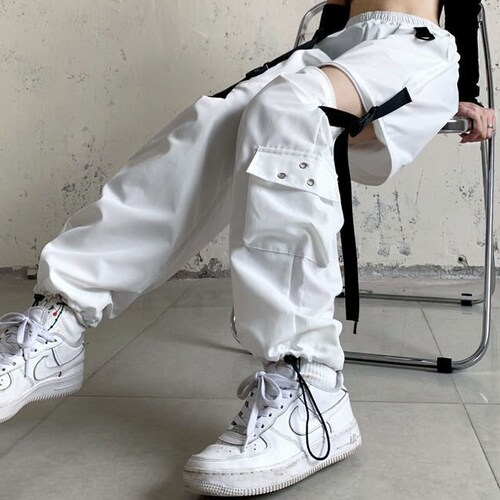 White Cargo Pants White Strap Cargo Pants Sweatpant Women Etsy