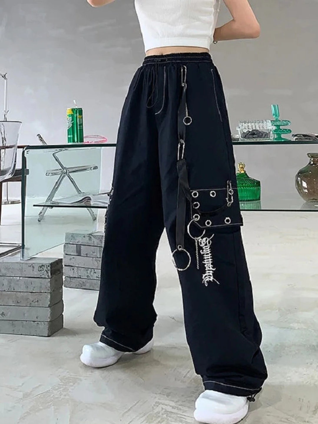Black/white Cargo Pants Women Techwear Pants Harajuku - Etsy