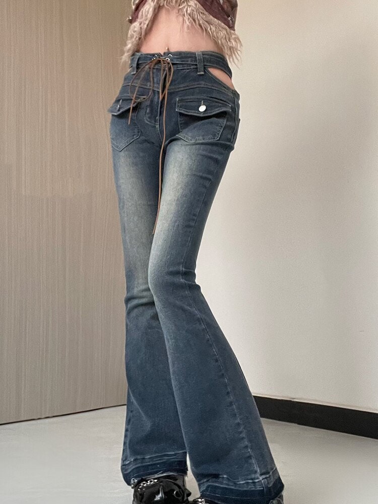 Cut Out Low Waist Jeans Flared Y2K Denim Pants Slim Fit - Etsy