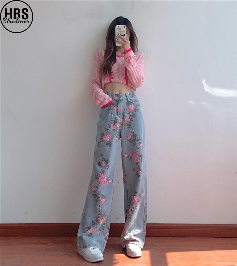 Floral Baggy Jeans- Black Jeans - Baggy Jeans Women - Wide Leg Pants - Y2K Jeans - Harajuku Jeans - Y2K Clothing - Punk Clothing - L308 