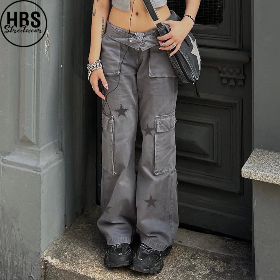 Y2K Streetwear Pockets up Cargo Jeans Gray Star Print Low Etsy