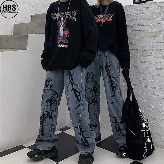 Gothic Baggy Jeans Printing Wash Jeans Baggy Jeans Women - Etsy