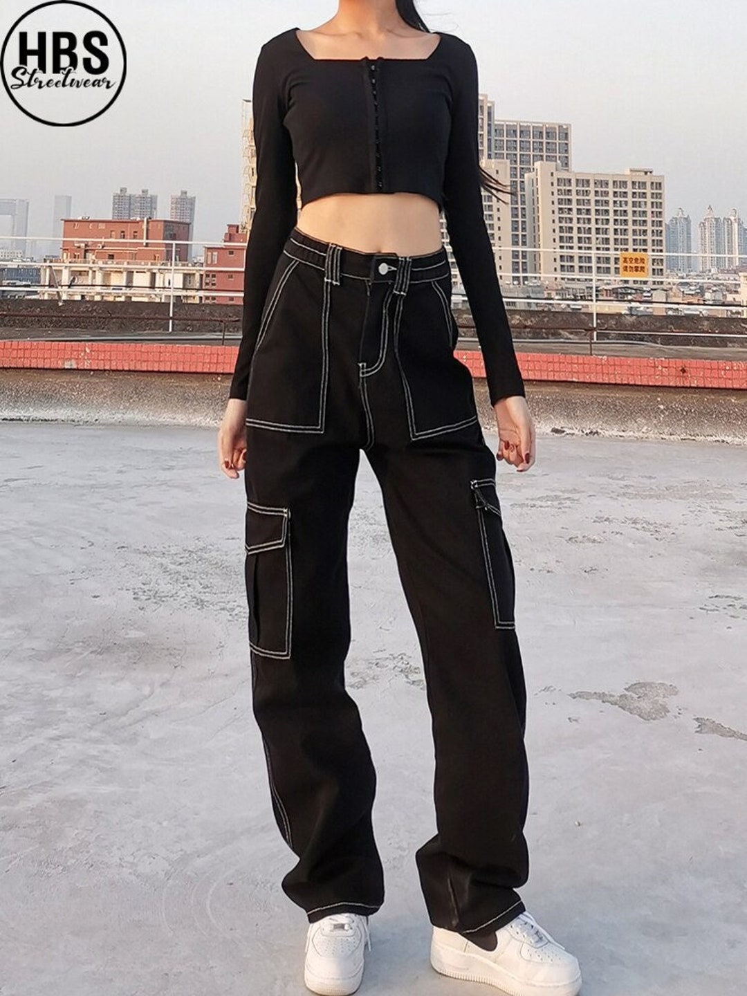 White Thread Black Cargo Jeans Women Techwear Pants Women - Etsy
