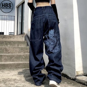 Retro Dragon Loose Jeans Vintage Baggy Jeans Women Wide - Etsy