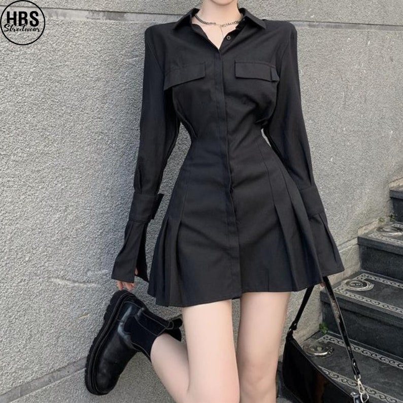 Black Shirt Dress Elegant Vintage Long Sleeve Dresses Etsy