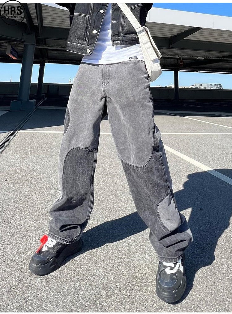 Gray Patchwork Baggy Denim Pants Streetwear Jeans Baggy - Etsy