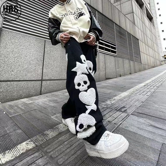y2k street hip hop collages casual patchwork mom jeans