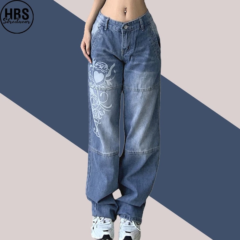 Harajuku Printed Cargo Jeans - Baggy Jeans Women - 90s Baggy Pants - Y2K Jeans - Harajuku Jeans - Y2K Clothing - Punk Clothing - L195 