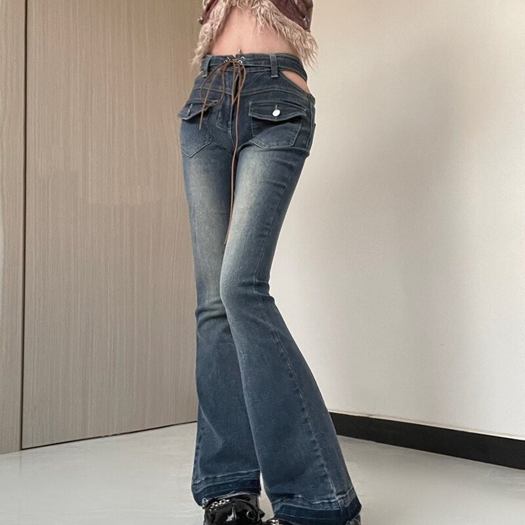 Cut Out Low Waist Jeans Flared Y2K Denim Pants Slim Fit - Etsy