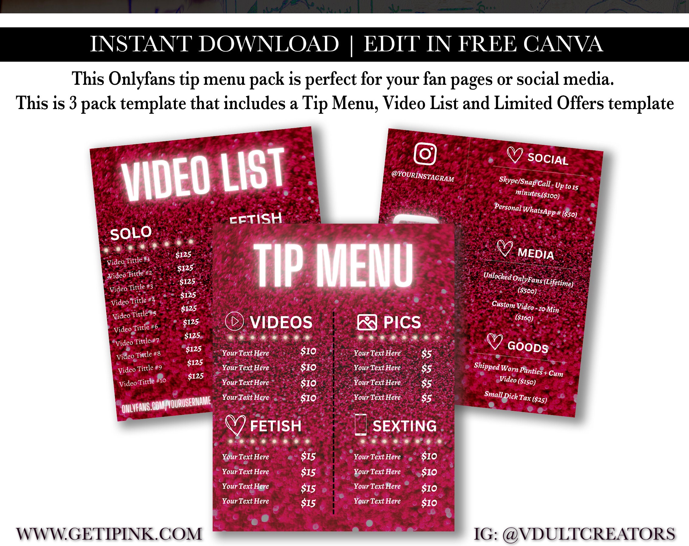 Onlyfans Tip Menus Canva, Tip Menu Templates, Social Media Templates