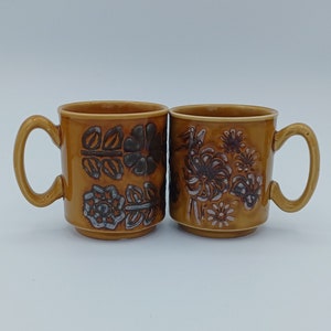 Può includere: Due tazze in ceramica marrone con motivi floreali. Le tazze hanno una glassa marrone e sono decorate con motivi floreali marroni e neri.