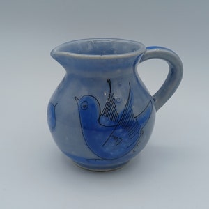 Mexican Tonala Hand Painted Blue Pitcher with Bird, Artist Signed