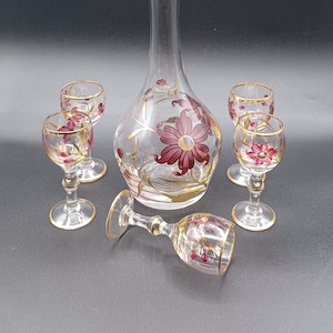 Bohemian Hand Painted Glass Decanter with Matching Cordial Glasses