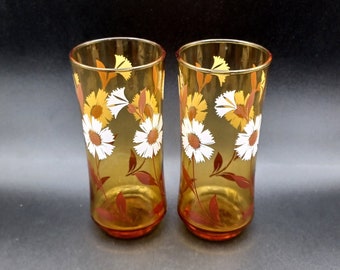 Libbey, Amber Ice Tea Glasses with Daisy Pattern, Pair