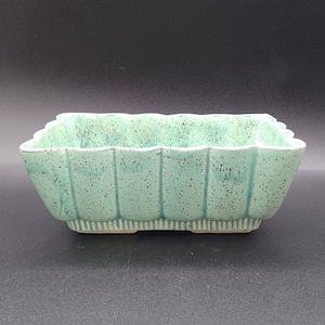 May include: A light green ceramic planter with a rectangular shape and a textured surface. The planter has a scalloped edge and a slightly raised base.