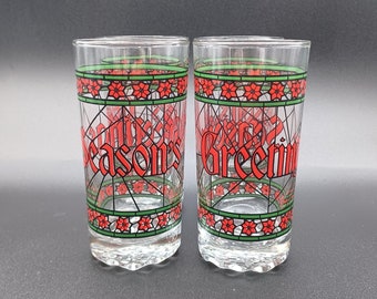 Vasos altos de vidrieras con el mensaje "Felices Fiestas", juego de 4 unidades.