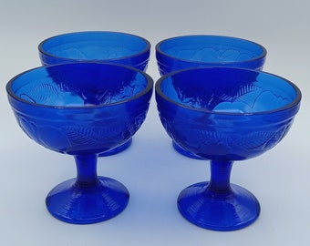 Luminarc France Cobalt Blue Footed Compote Bowls with Embossed Fruit