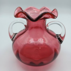 Hand Blown Cranberry Art Glass Vase, Double Handle, Ruffled Rim