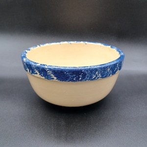 May include: A white ceramic bowl with a blue and white speckled rim. The bowl is round and has a smooth, glossy finish.