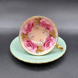 Aynsley Pink Cabbage Roses Sage Green Teacup & Saucer