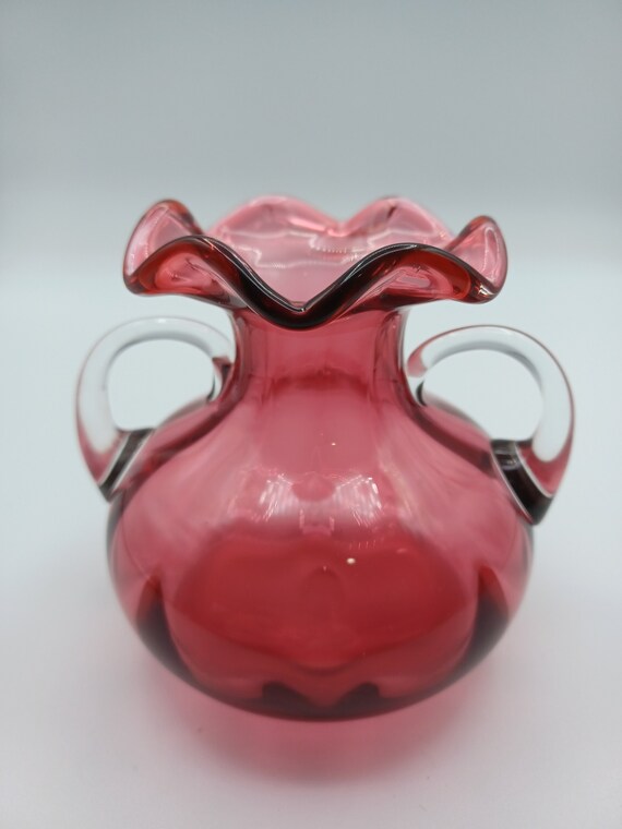 Hand Blown Cranberry Art Glass Vase Double Handle Ruffled Etsy