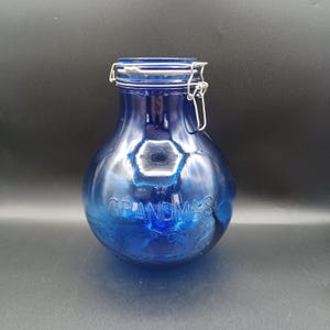 Vintage kobaltblauwe glazen koek/voorraadpot 'Grandma's All Purpose Storage'