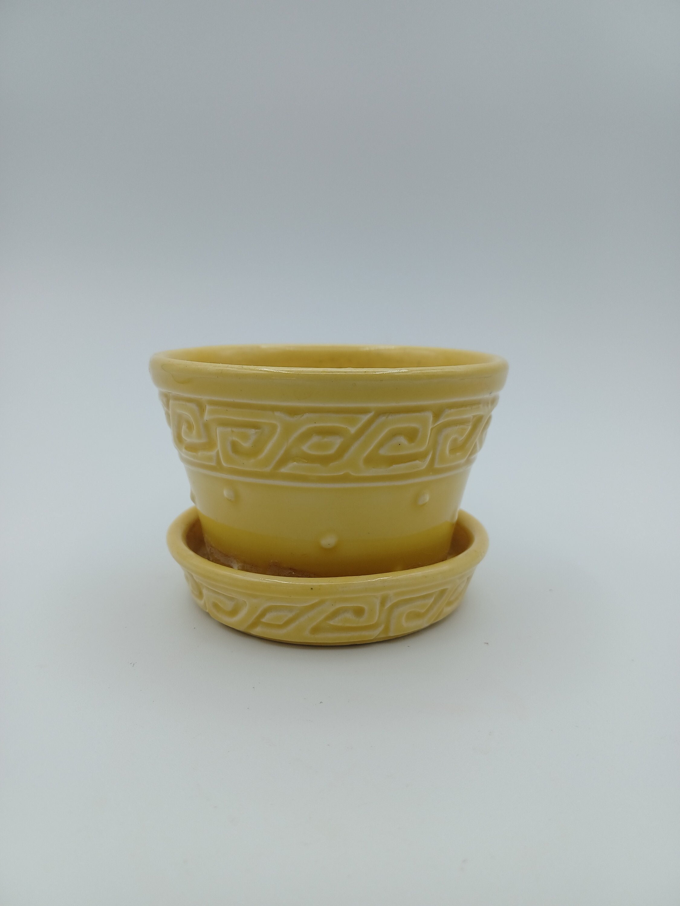 McCoy Yellow Greek Key and Dot Pottery Planter