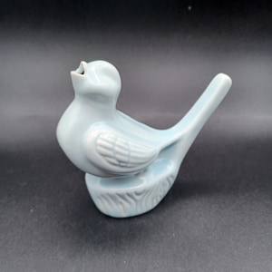 Può includere: Una statuetta di uccello in ceramica blu chiaro con un design di ala dettagliato. L'uccello è appollaiato su una base testurizzata e ha una piccola apertura sul becco.