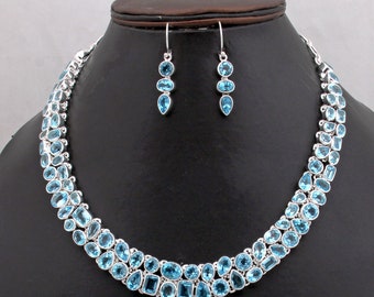 100% Natural Blue Topaz Birthstone Necklace-Bridal Jewelry Set-Topaz Choker Necklace-925 Silver Gemstone Necklace-Statement Wedding Jewelry