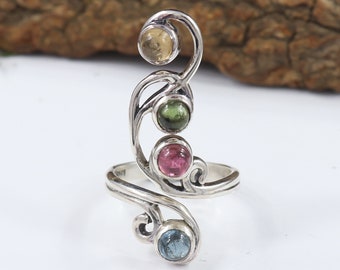 Natural Tourmaline Ring 925 Sterling Silver Ring Multi Tourmaline Ring Gemstone Band Wedding Ring Multi Tourmaline Jewelry For Her