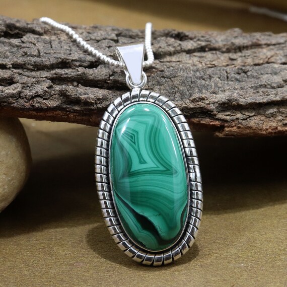 Malachite Pendant oval Cabochon Pendant 925 Sterling Solid Silver
