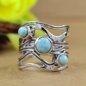 Designer Blue Larimar Solid Silver Band Ring Boho Statement Silver Ring Designer Artisan Silver Band Ring Birthday Gifts Gift For Her