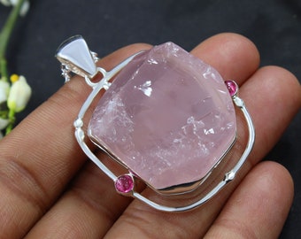 Rose Quartz Pendant Necklace Rough Quartz Pendant 925 Silver Pendant Boho Gemstone Jewelry Healing Crystal Necklace Birthday Gift for Her