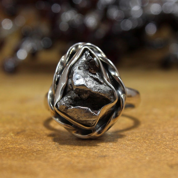 925 Solid Silver Ring Meteorite Ring Gold-Plated Ring Prong Set Ring