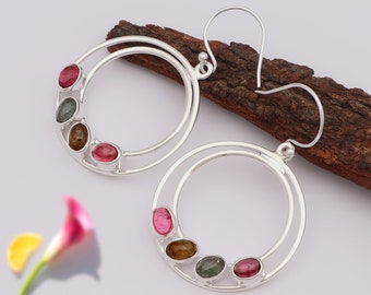 Multi Tourmaline Earrings, 925 Silver Dangle Earrings, Natural Gemstone Jewelry, Colorful Tourmaline Earring, Unique Birthday Gift for Women