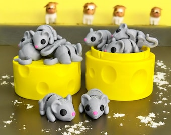Flexi Mouse 3D printed figure with or without cheese container| cute mini animal| articulated 3D Mini Figurines| Hide away figure
