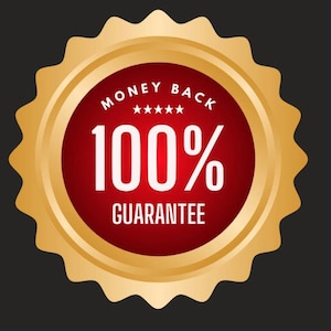 May include: A gold and red badge with the text "MONEY BACK" and five stars above the number "100%" and the text "GUARANTEE" below.