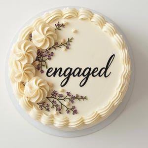 May include: A round, cream-colored cake decorated with piped buttercream frosting and the word "engaged" in black script. The cake is adorned with buttercream swirls and sprigs of purple flowers.