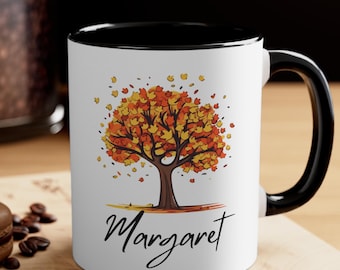 Custom Name Fall Season Mug, Cute Autumn Coffee Cup, Hello Fall Personalized Gift, Autumn Leaves & Trees Mug, Cozy Fall Gift