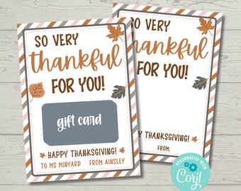 Fall Gift Card Holder Printable | Thanksgiving Staff Teacher Appreciation Gift | Thankful For You Gift Idea | Editable Template Corjl