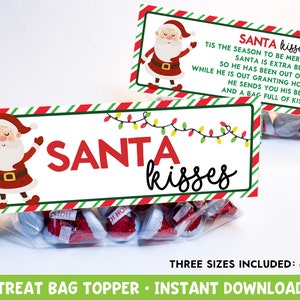 Santa Kisses Treat Topper Digital Download for Christmas Goody Bags, Printable Class Gift Tags