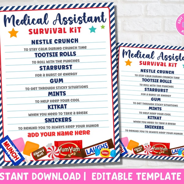 Medical Appreciation Survival Kit Printable | Medical Assistant Gifts | Emergency Treat Pack | Appreciation Week | Editable Instant Download