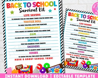 Teacher Survival Kit Printable | Back to School Gift Tags | Staff Student College High School | Editable Instant Download
