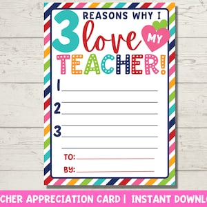 Ich liebe meine Lehrer Karte Printable | Lehreranerkennung Füllen Sie die leere Dankeskarte aus | Ende des Jahres Lehrerin Instant Download