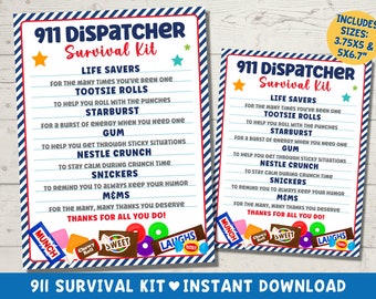 May include: A printable 911 dispatcher survival kit gift tag with a blue and white striped background. The tag features a list of candy names with a humorous description of why they are needed for the job. The tag includes the text "911 Dispatcher Survival Kit" and "Thanks for all you do!" along with a variety of candy images.