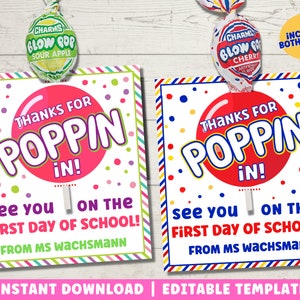 Back to School Lollipop Tag Printable | Thanks for Popping In | Meet the Teacher Classroom Gift | Instant Download