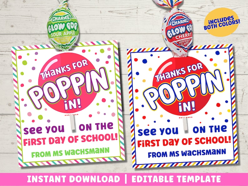 Op de afbeelding: Twee printbare bedankkaartjes voor leerkrachten met een lollythema. De kaartjes hebben een kleurrijke achtergrond met stippen en strepen. De tekst op de kaartjes luidt "Bedankt voor het binnenlopen! Tot de eerste schooldag! Van juf Wachsmann".