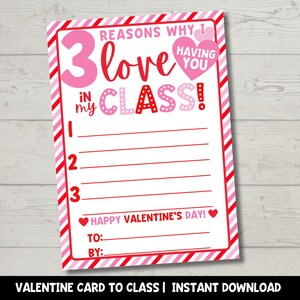 Biglietto di San Valentino insegnante-studente stampabile / 3 motivi per cui regalo per la classe dall'insegnante Tag di San Valentino / Download immediato